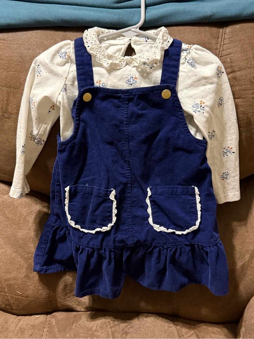 Little Me Navy Blue Corduroy Ruffle Pinafore Overalls